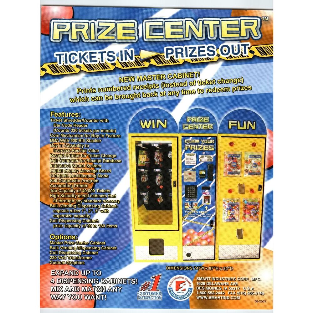 2005 Prize Center Arcade Game Flyer Smart Industries Des Moines IA
